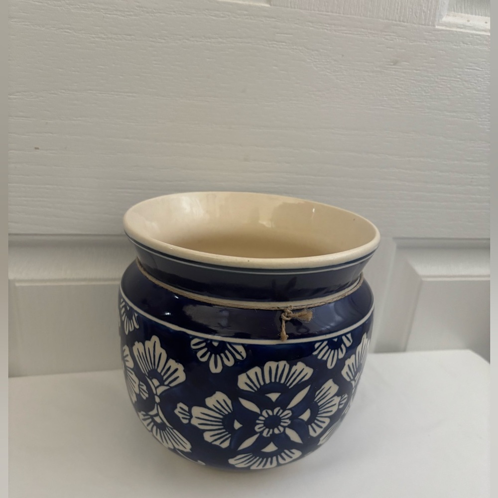 Blue and Cream Floral Ceramic Planter Vase Made In India.
